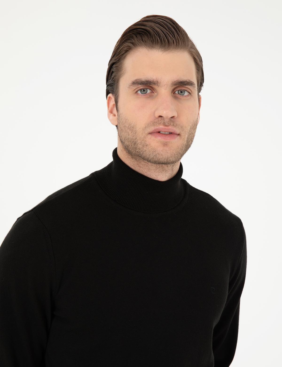 Siyah Slim Fit Balıkçı Yaka Basic Triko Kazak - 50296582017