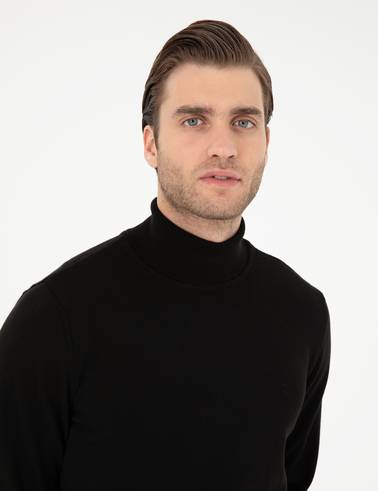 Siyah Slim Fit Balıkçı Yaka Basic Triko Kazak