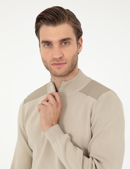 Bej Regular Fit Fermuarlı Dik Yaka Triko Kazak - 50296417007