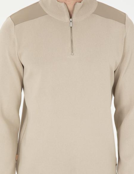 Bej Regular Fit Fermuarlı Dik Yaka Triko Kazak - 50296417007