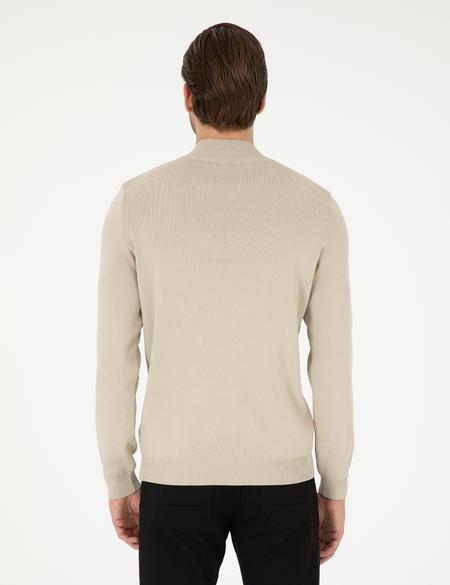 Bej Regular Fit Fermuarlı Dik Yaka Triko Kazak - 50296417007