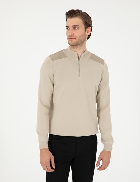 Bej Regular Fit Fermuarlı Dik Yaka Triko Kazak - 50296417007