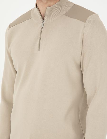 Bej Regular Fit Fermuarlı Dik Yaka Triko Kazak - 50296417007