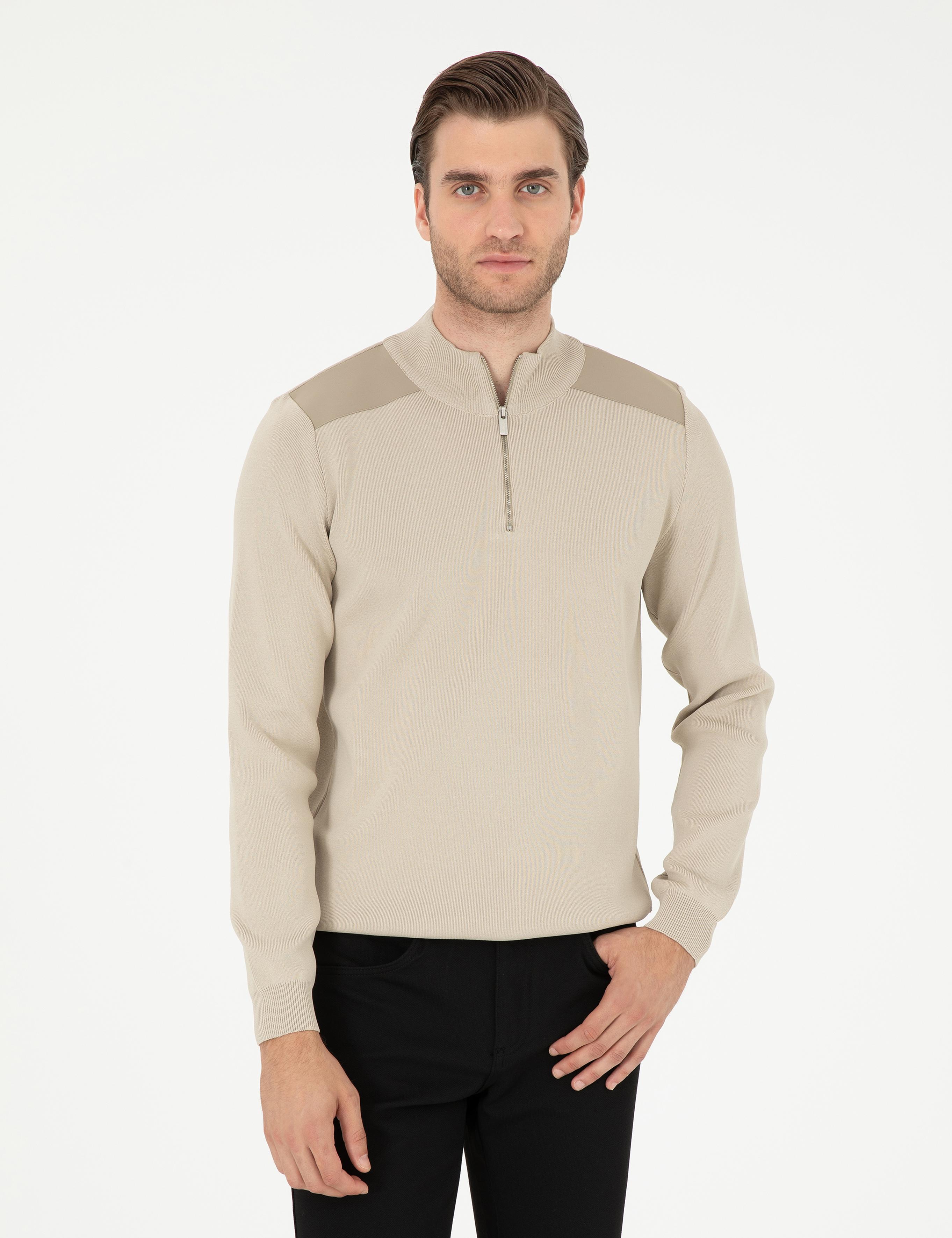 Bej Regular Fit Fermuarlı Dik Yaka Triko Kazak