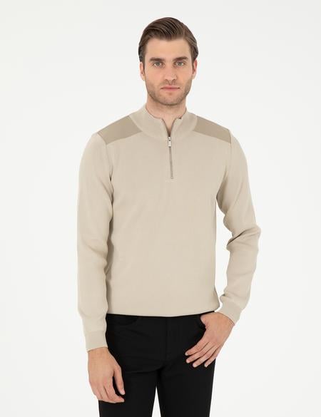 Bej Regular Fit Fermuarlı Dik Yaka Triko Kazak - 50296417007