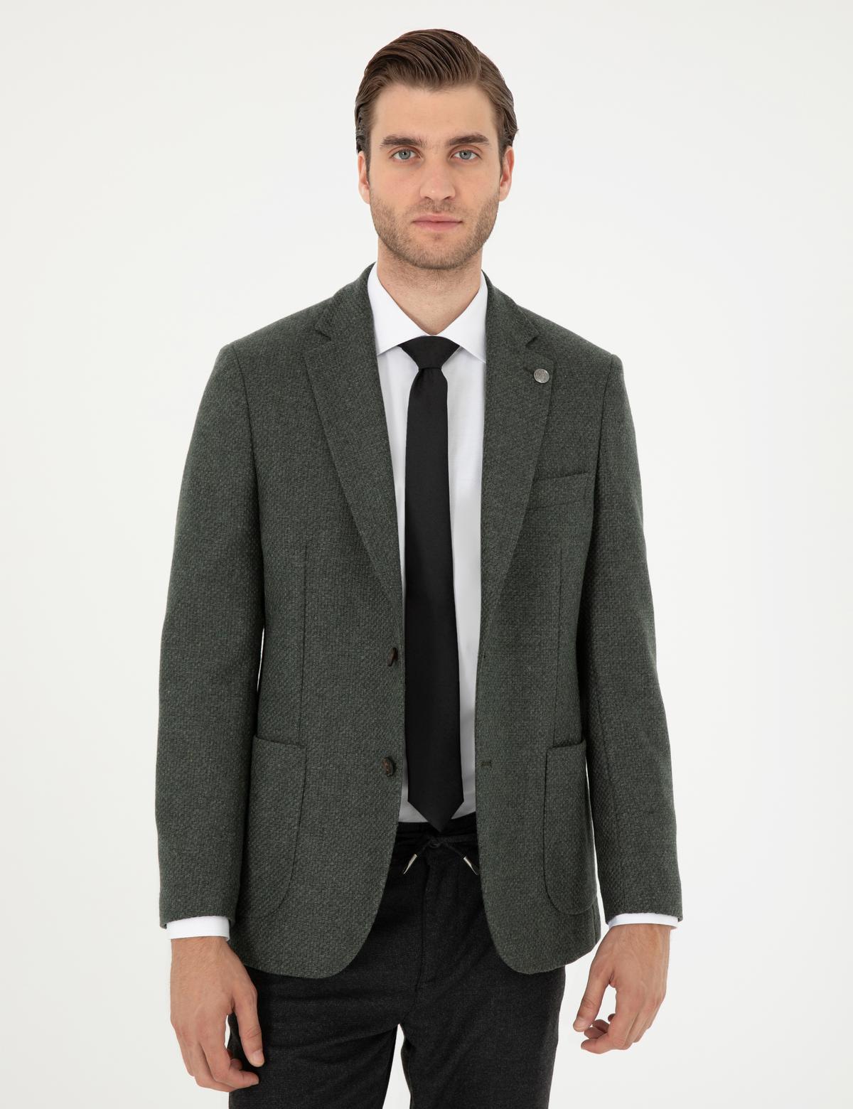 Haki Yün Karışımlı Slim Fit Ceket - 50292146038