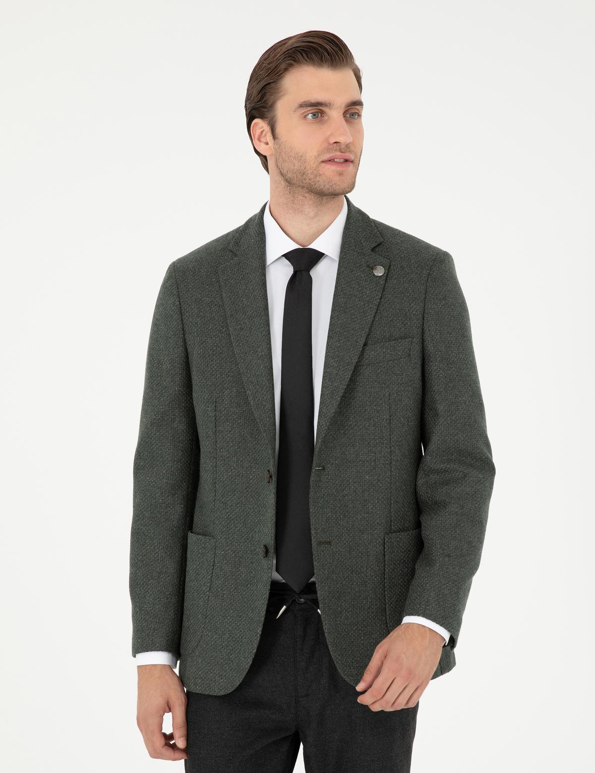 Haki Yün Karışımlı Slim Fit Ceket