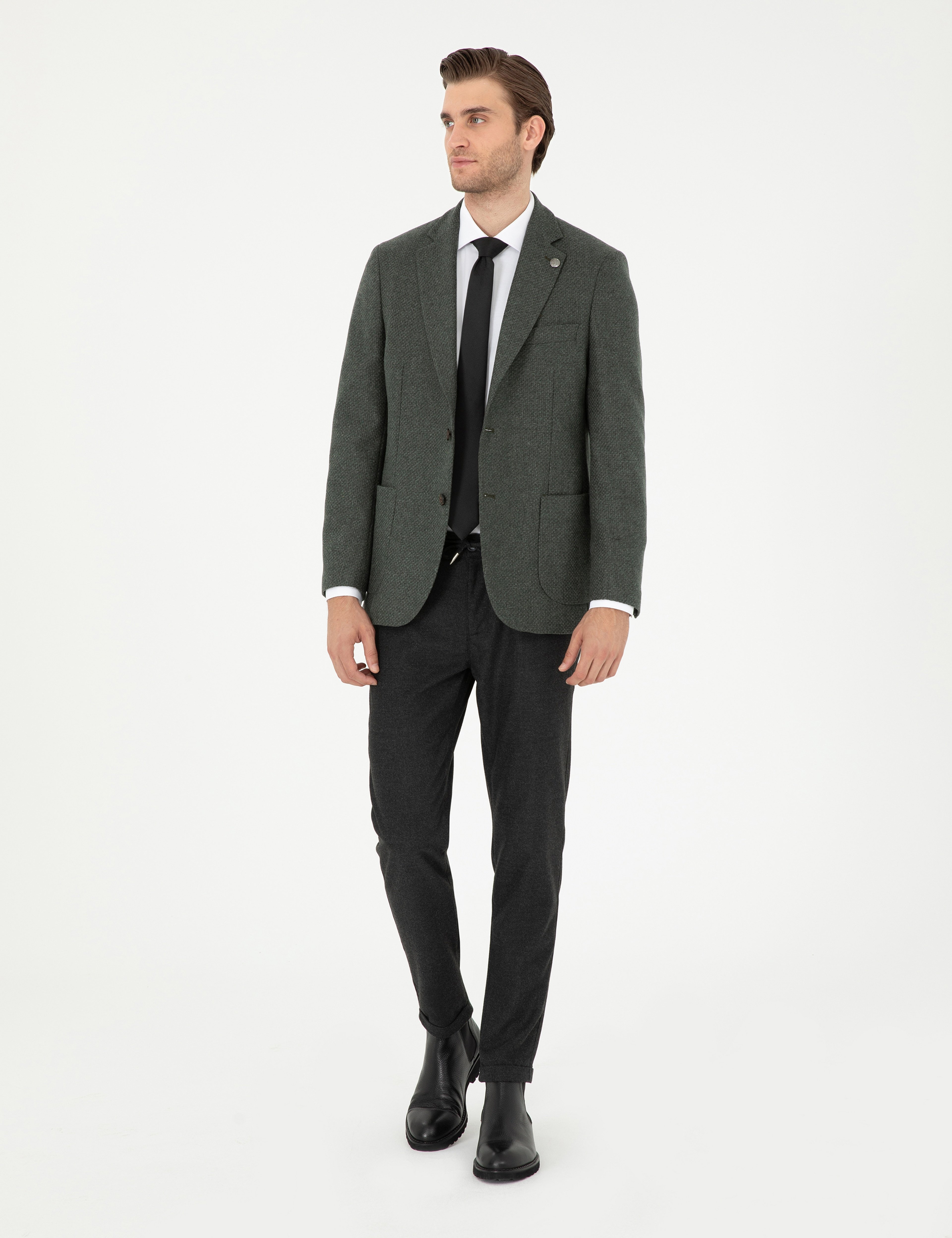 Haki Yün Karışımlı Slim Fit Ceket - Image 4