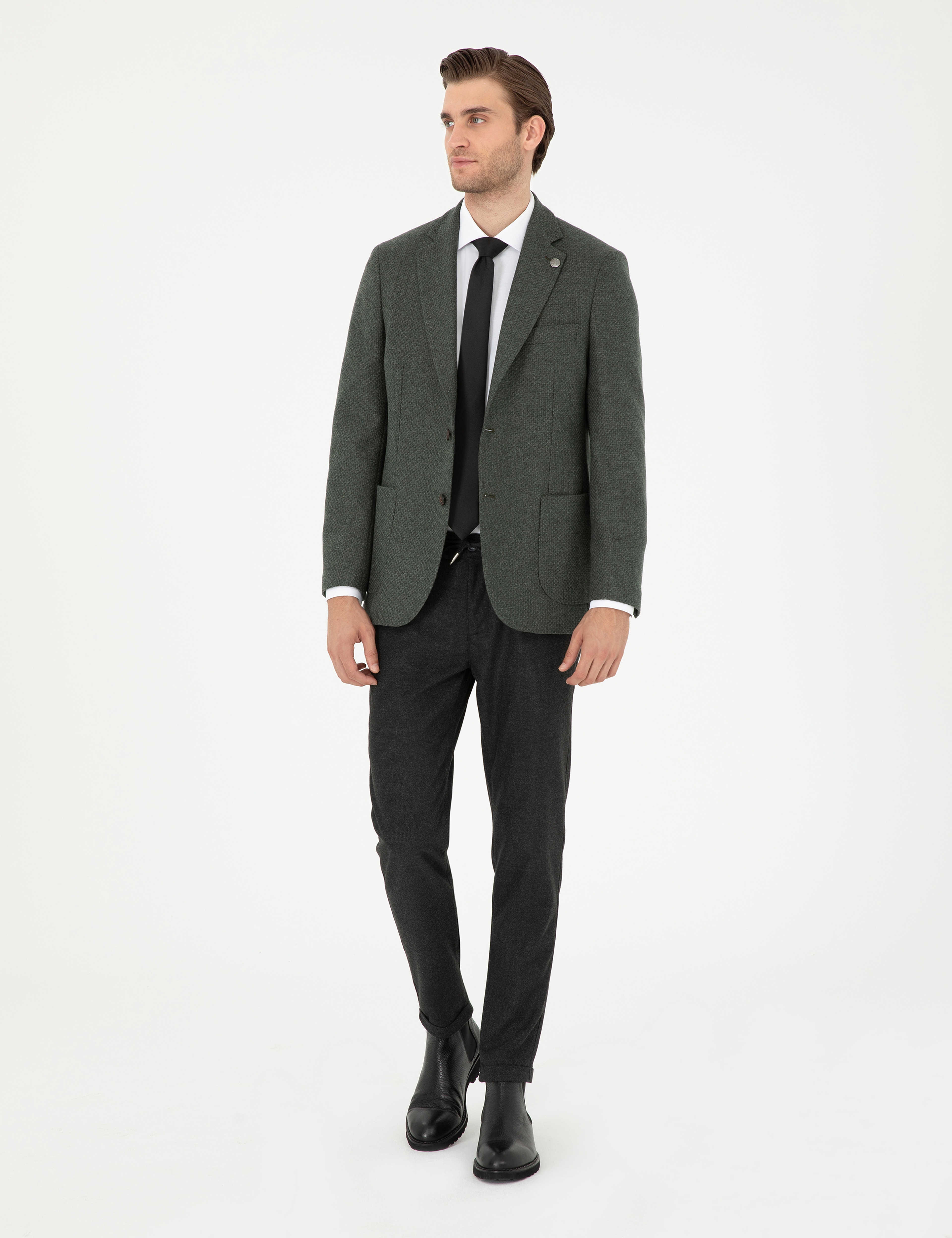 Haki Yün Karışımlı Slim Fit Ceket