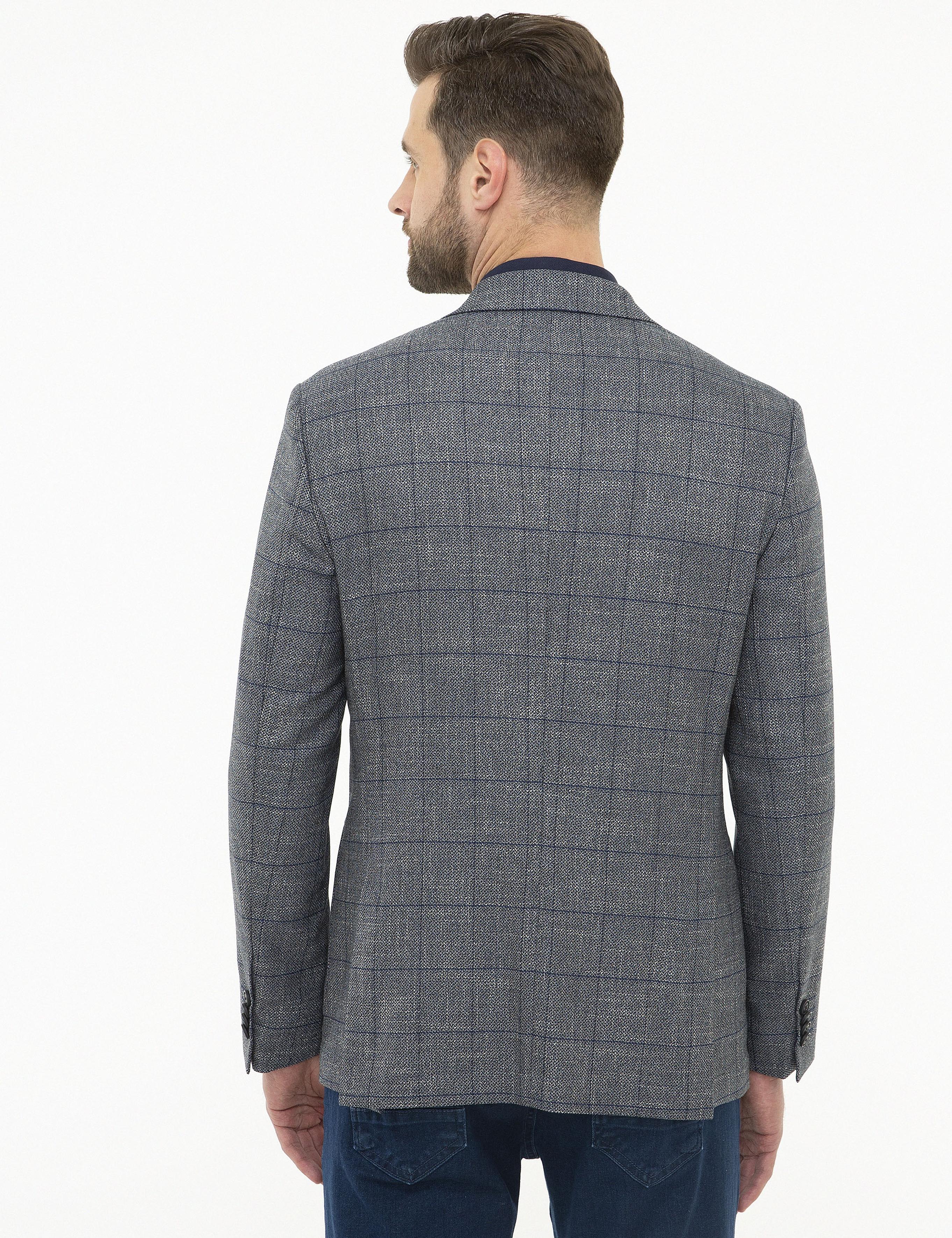 Ekose Lacivert Slim Fit Ceket