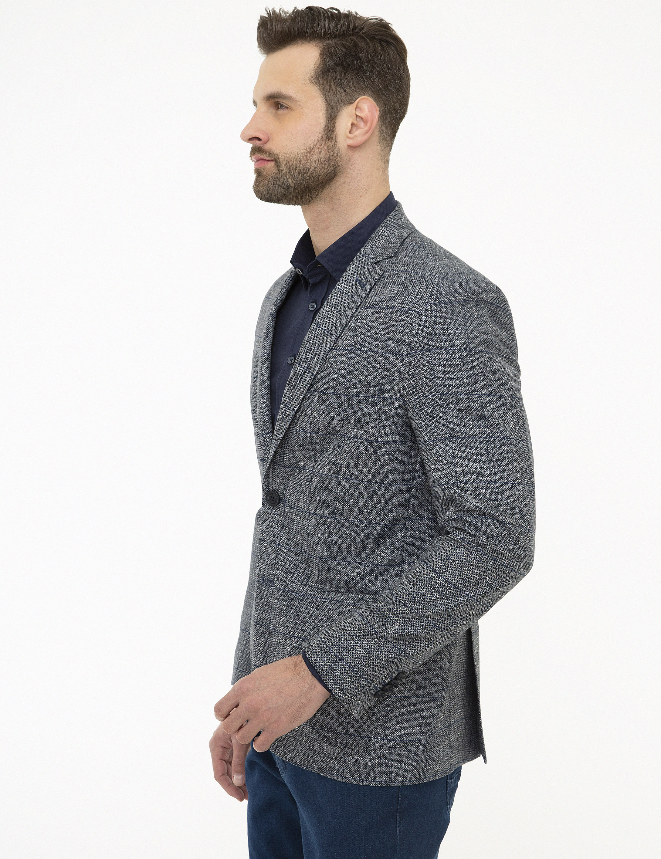 Ekose Lacivert Slim Fit Ceket - Image 3