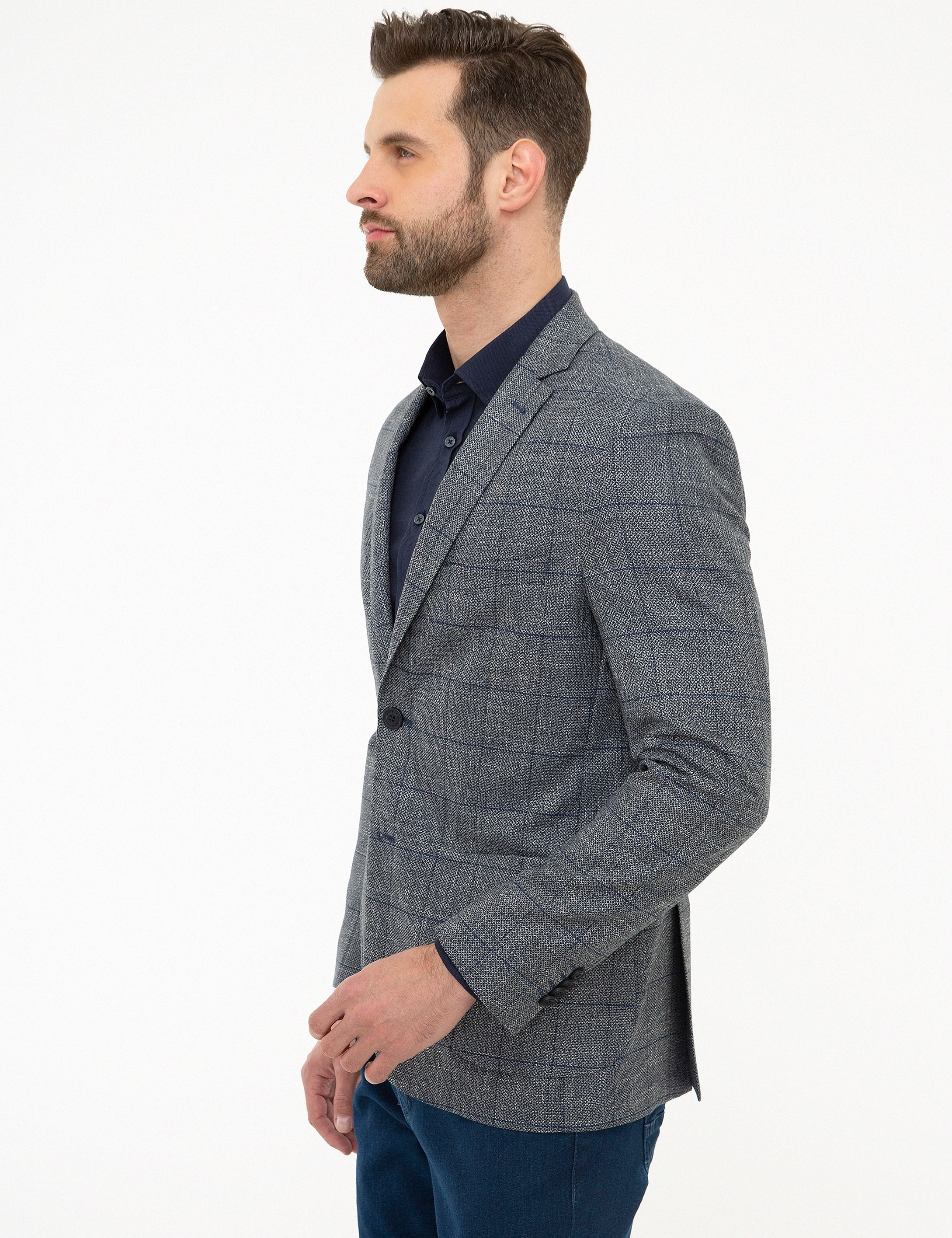 Ekose Lacivert Slim Fit Ceket
