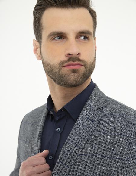 Ekose Lacivert Slim Fit Ceket - 50225907035
