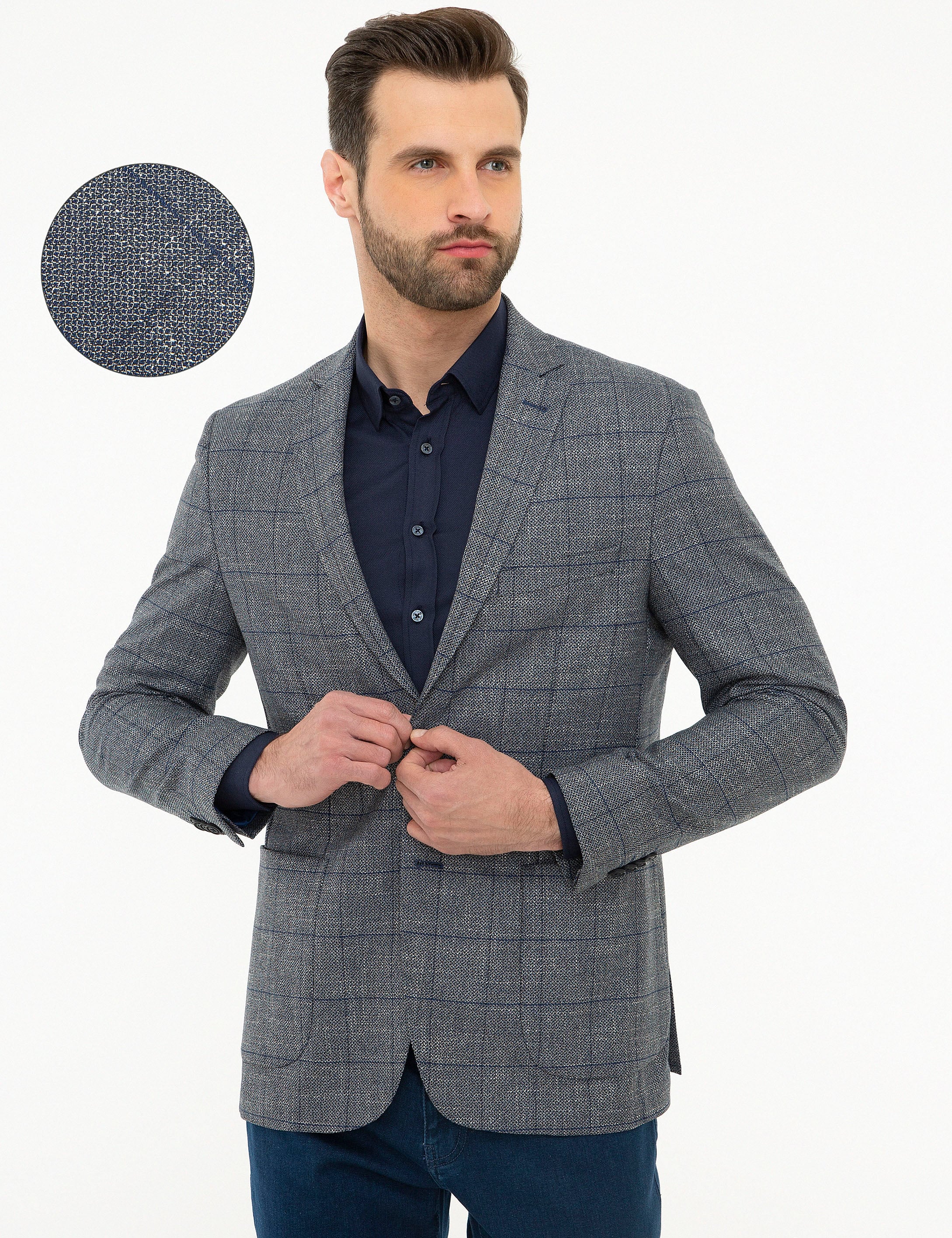 Ekose Lacivert Slim Fit Ceket - Image 1