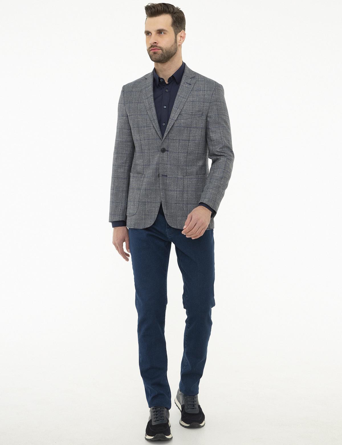 Ekose Lacivert Slim Fit Ceket - 50225907035