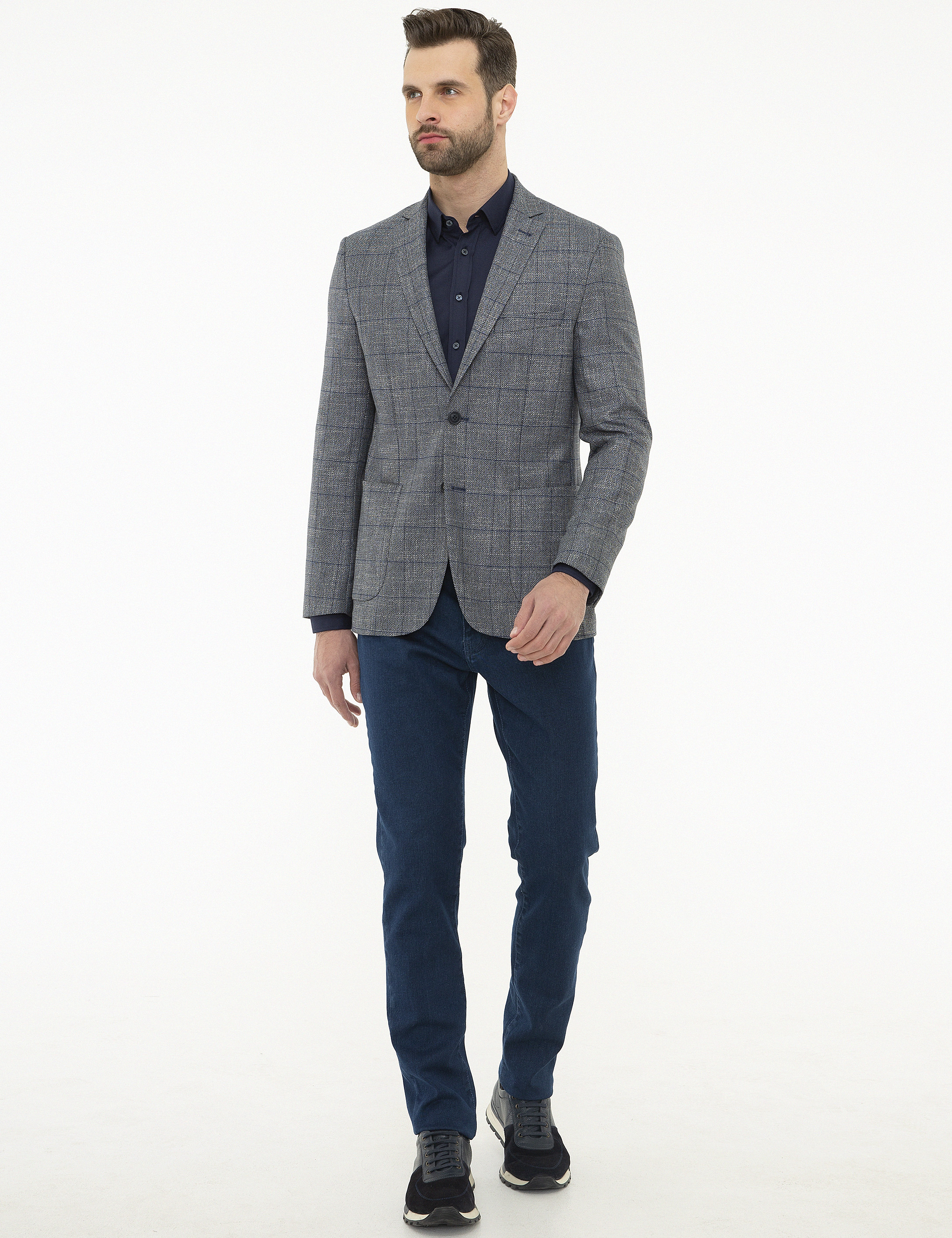 Ekose Lacivert Slim Fit Ceket - Image 5