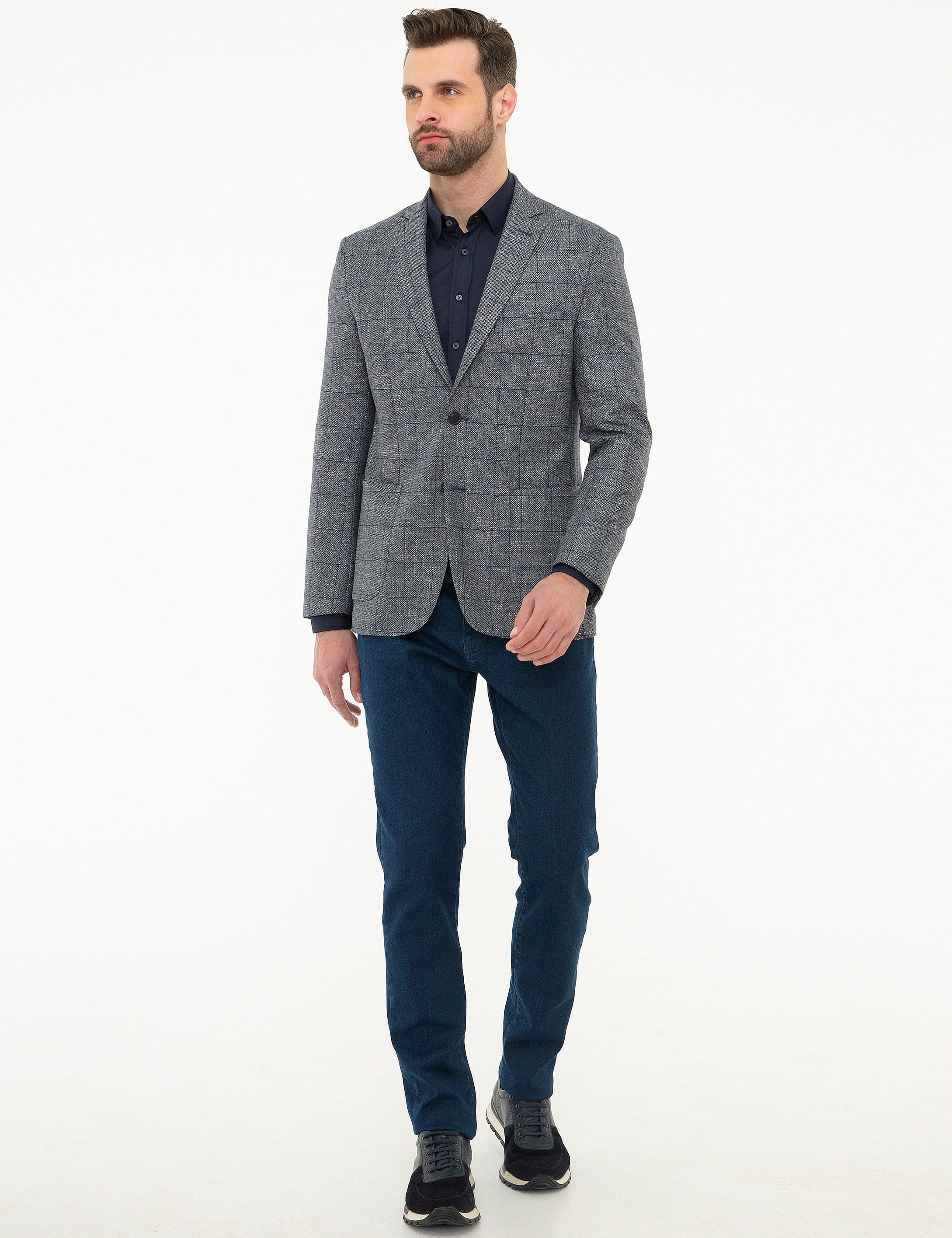Ekose Lacivert Slim Fit Ceket