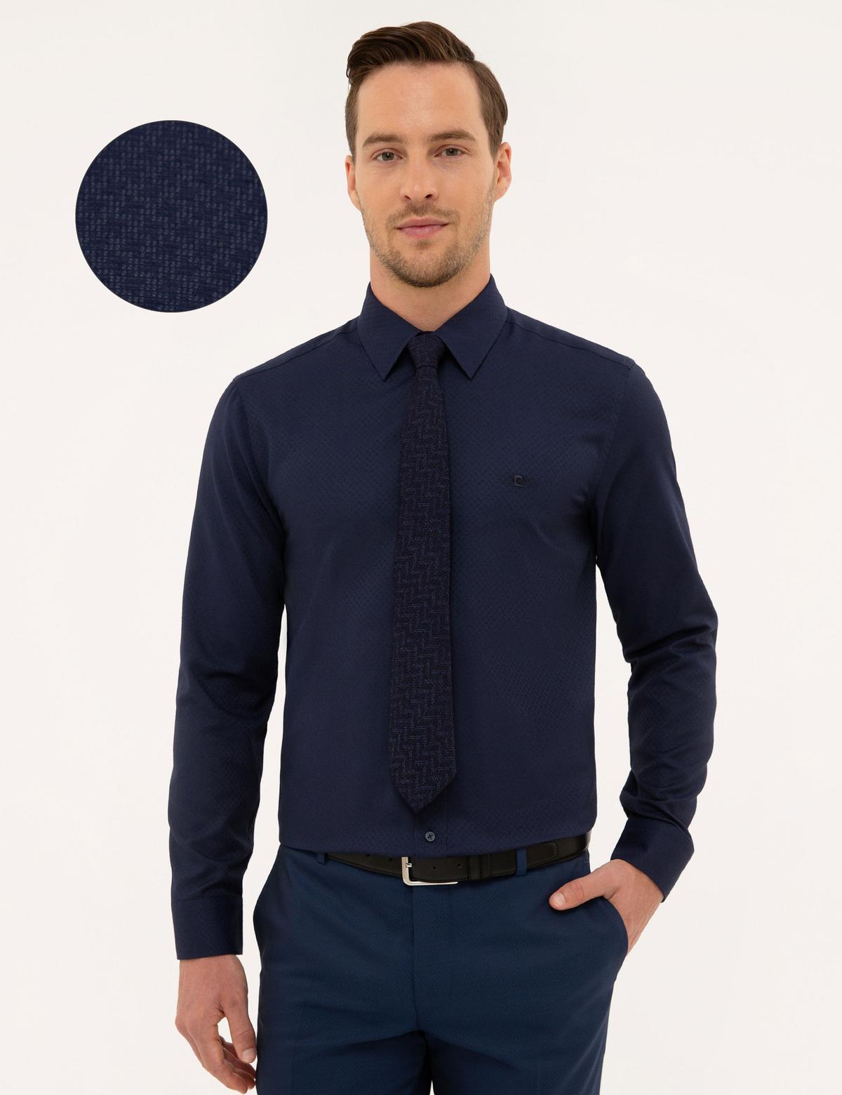 Lacivert Slim Fit Armürlü Gömlek