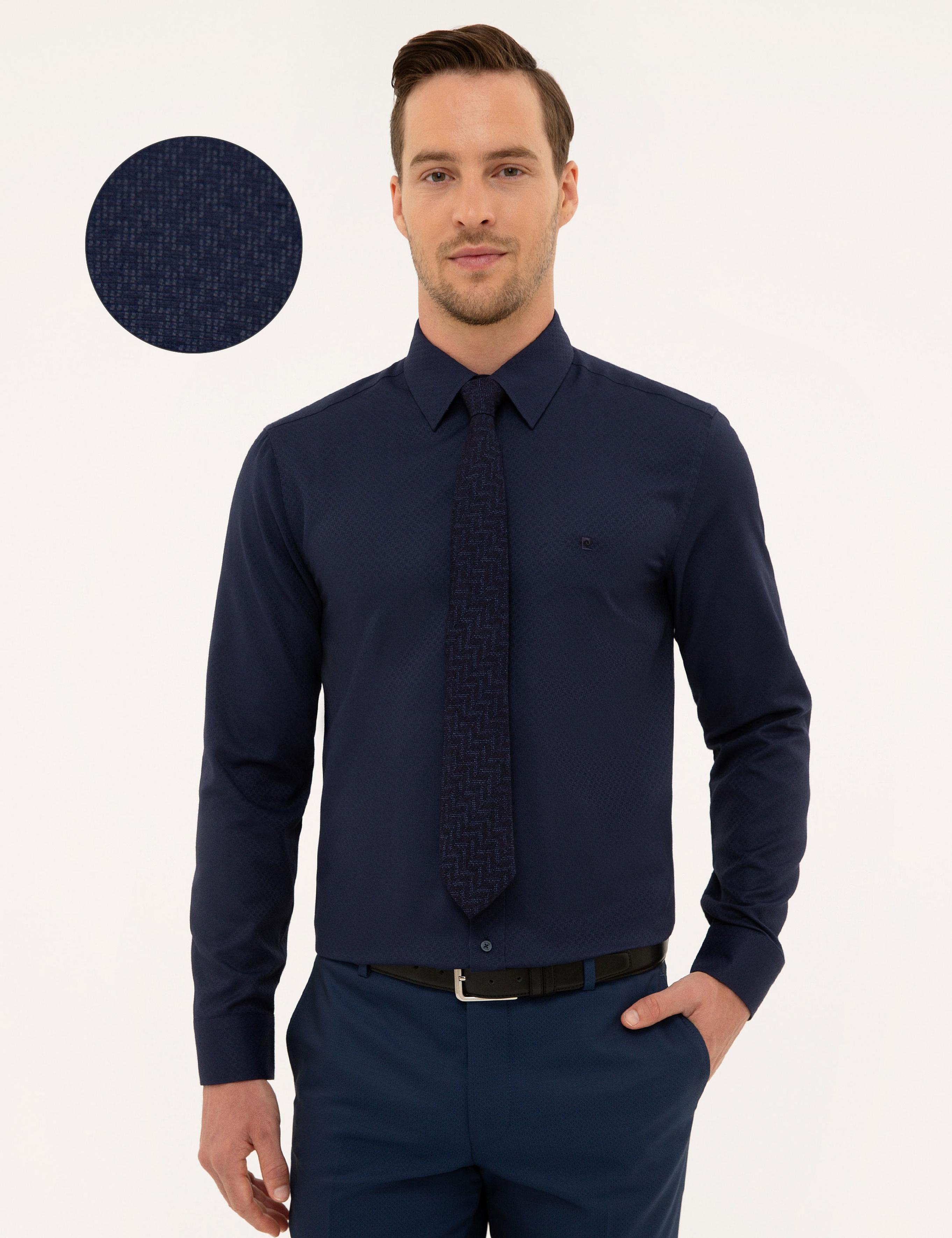 Lacivert Slim Fit Armürlü Gömlek