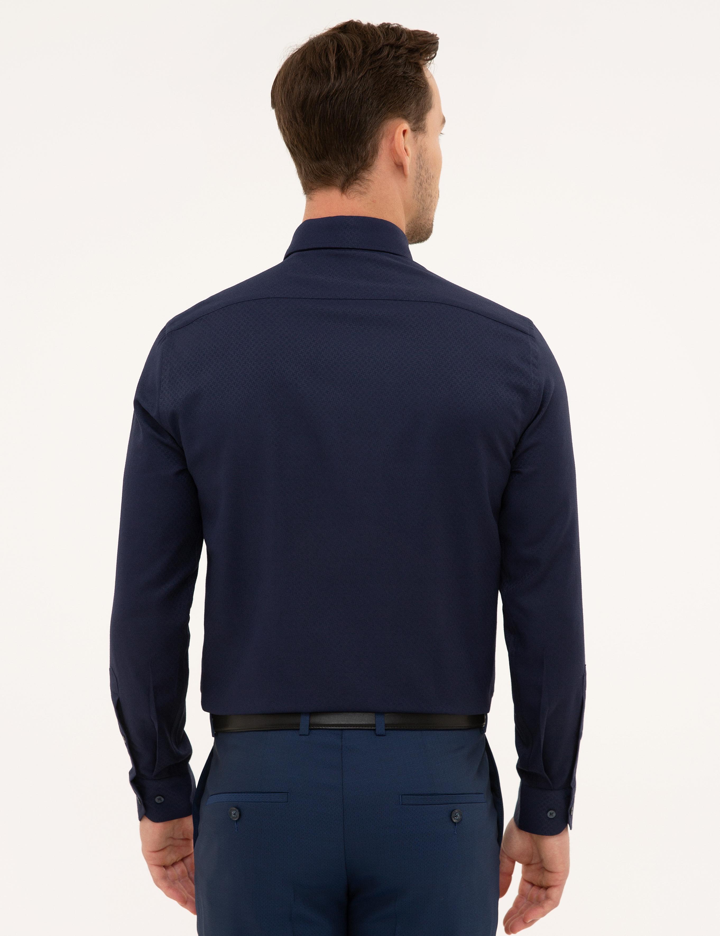 Lacivert Slim Fit Armürlü Gömlek