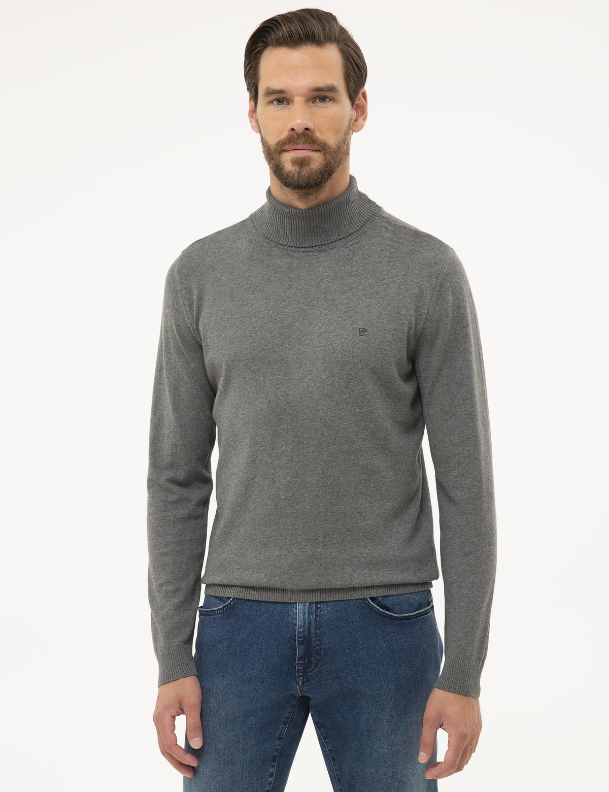 Gri Melanj Slim Fit Tam Balıkçı Yaka Basic Triko Kazak