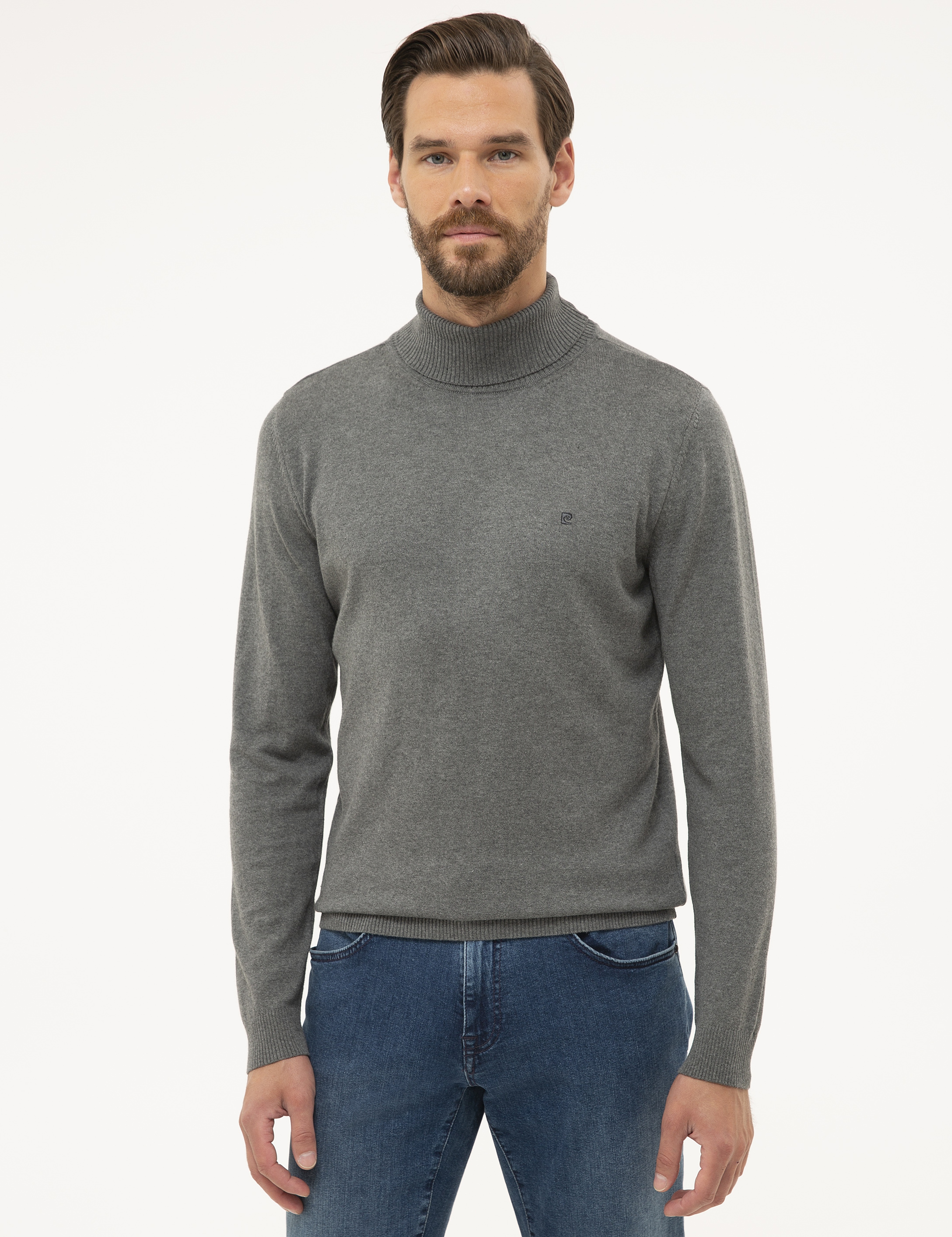 Gri Melanj Slim Fit Tam Balıkçı Yaka Basic Triko Kazak - Image 1