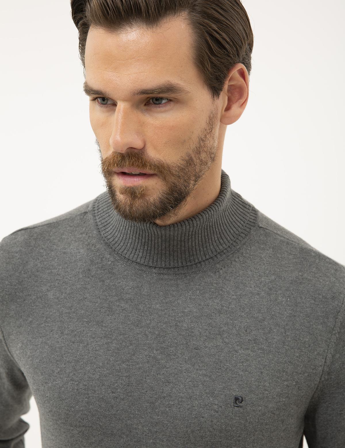 Gri Melanj Slim Fit Tam Balıkçı Yaka Basic Triko Kazak - 50230785077