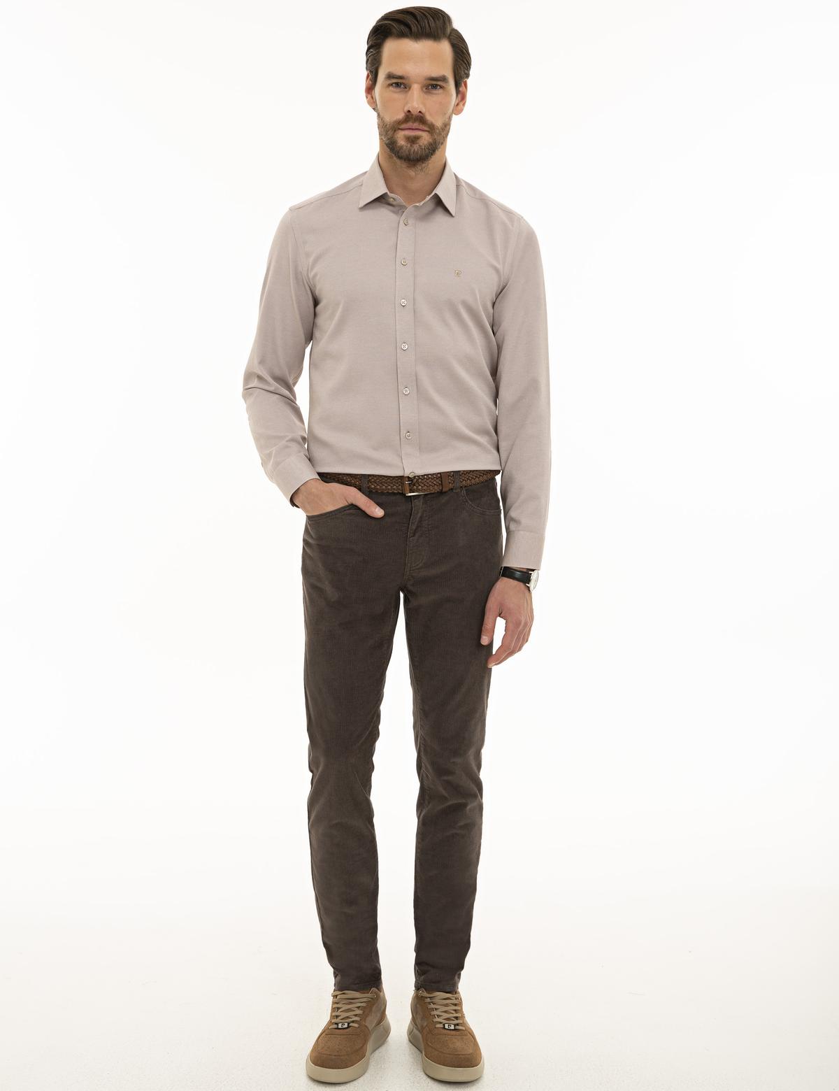 Açık Kahverengi Slim Fit Oxford Gömlek - 50233546037