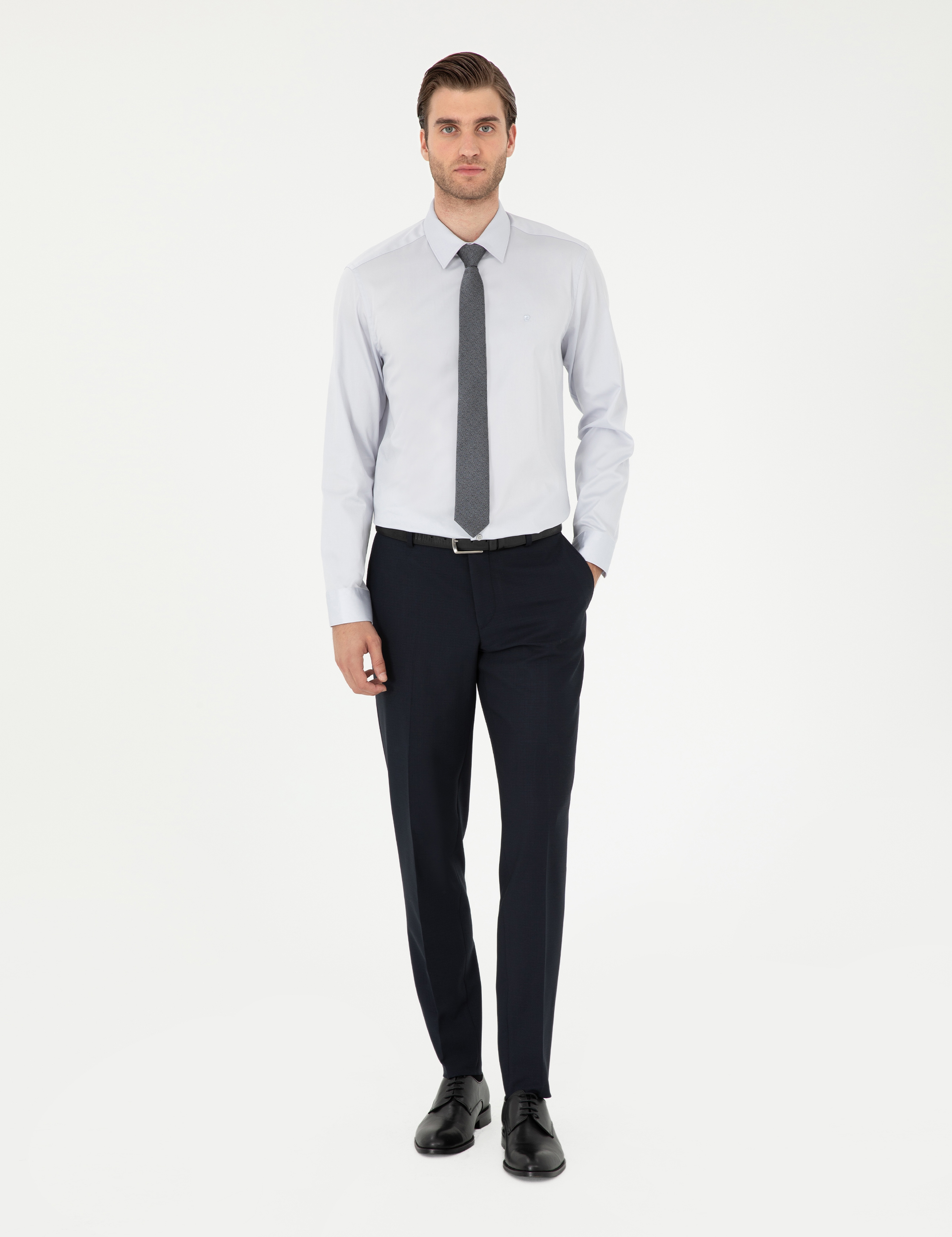 Gri %100 Pamuk Slim Fit Uzun Kollu Basic Gömlek - Image 4