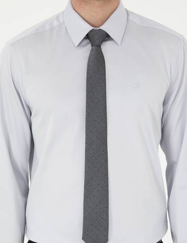 Gri %100 Pamuk Slim Fit Uzun Kollu Basic Gömlek