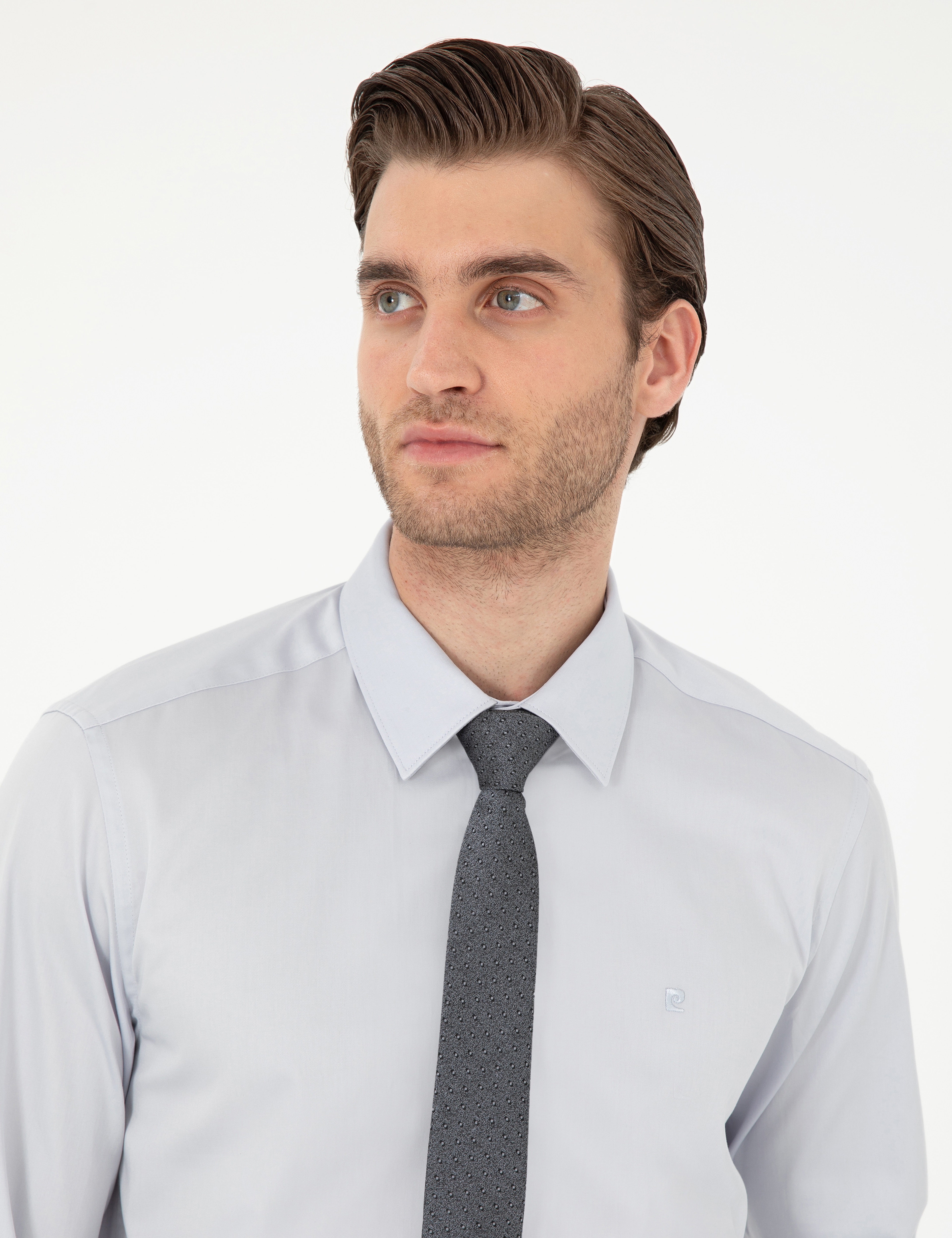 Gri %100 Pamuk Slim Fit Uzun Kollu Basic Gömlek - Image 2