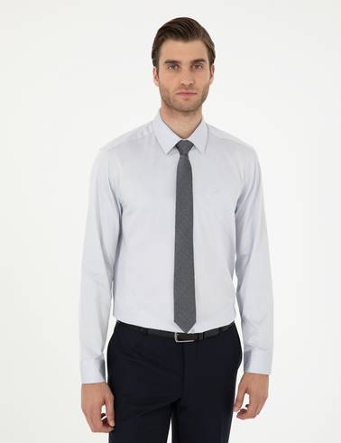 Gri %100 Pamuk Slim Fit Uzun Kollu Basic Gömlek