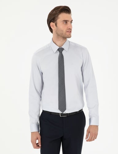 Gri %100 Pamuk Slim Fit Uzun Kollu Basic Gömlek