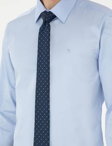 Koyu Mavi %100 Pamuk Parlak Saten Slim Fit Uzun Kollu Basic Gömlek