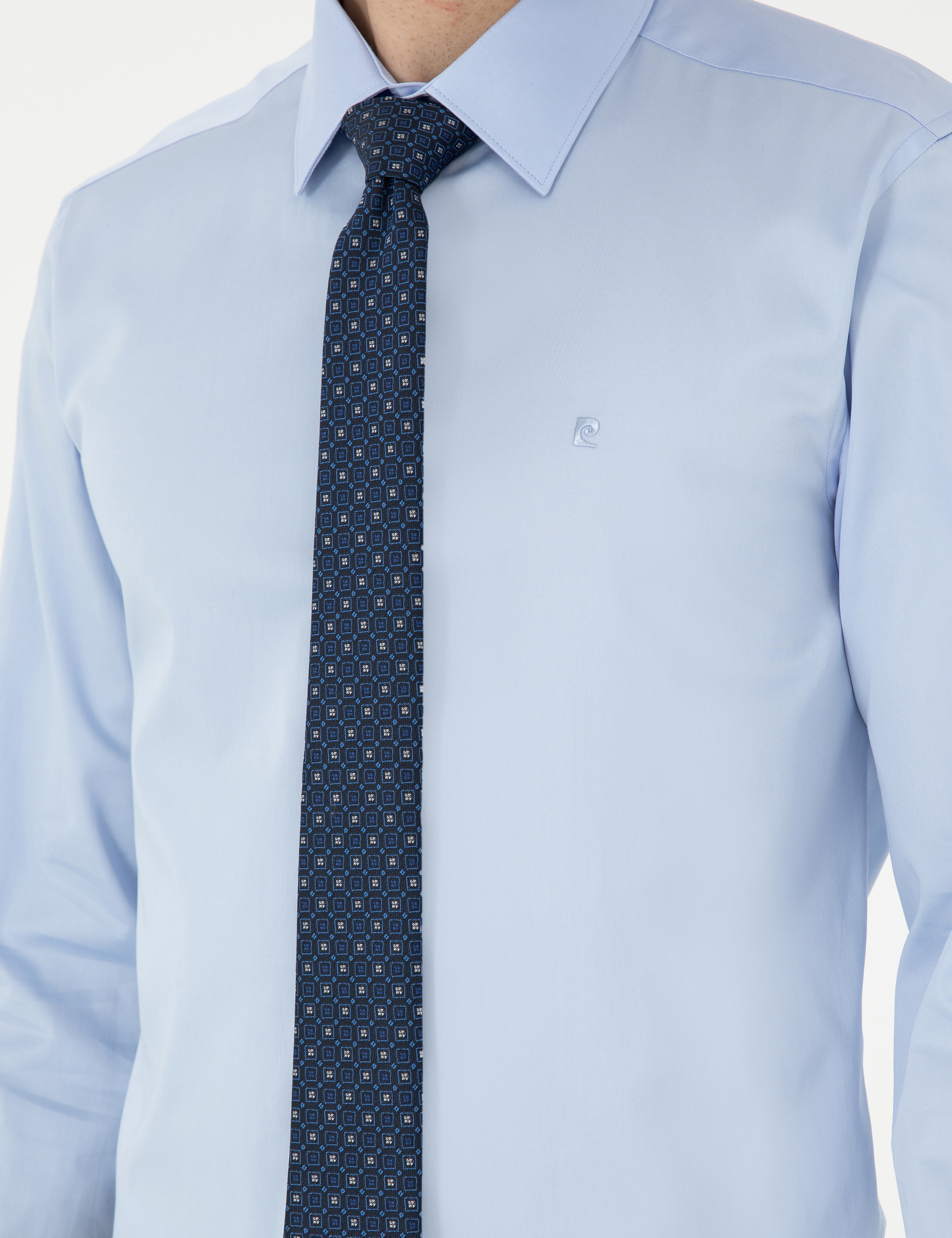 Koyu Mavi %100 Pamuk Parlak Saten Slim Fit Uzun Kollu Basic Gömlek - Image 7
