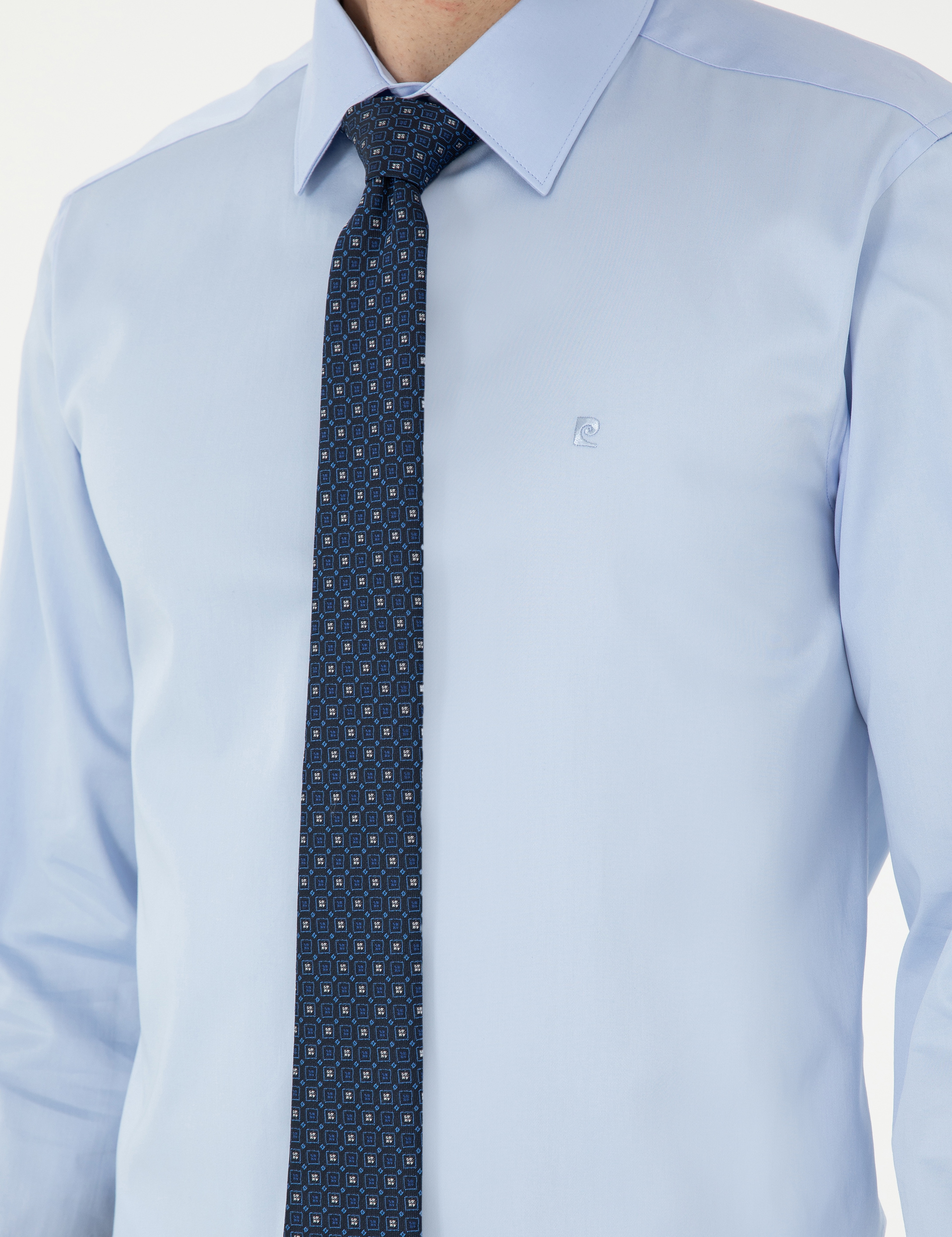 Koyu Mavi %100 Pamuk Parlak Saten Slim Fit Uzun Kollu Basic Gömlek