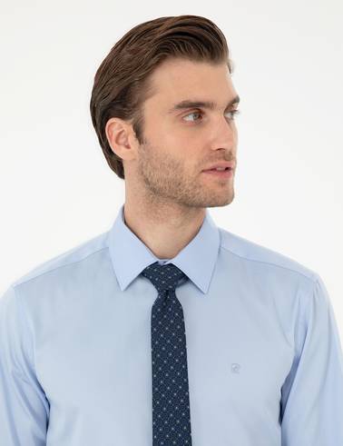 Koyu Mavi %100 Pamuk Parlak Saten Slim Fit Uzun Kollu Basic Gömlek