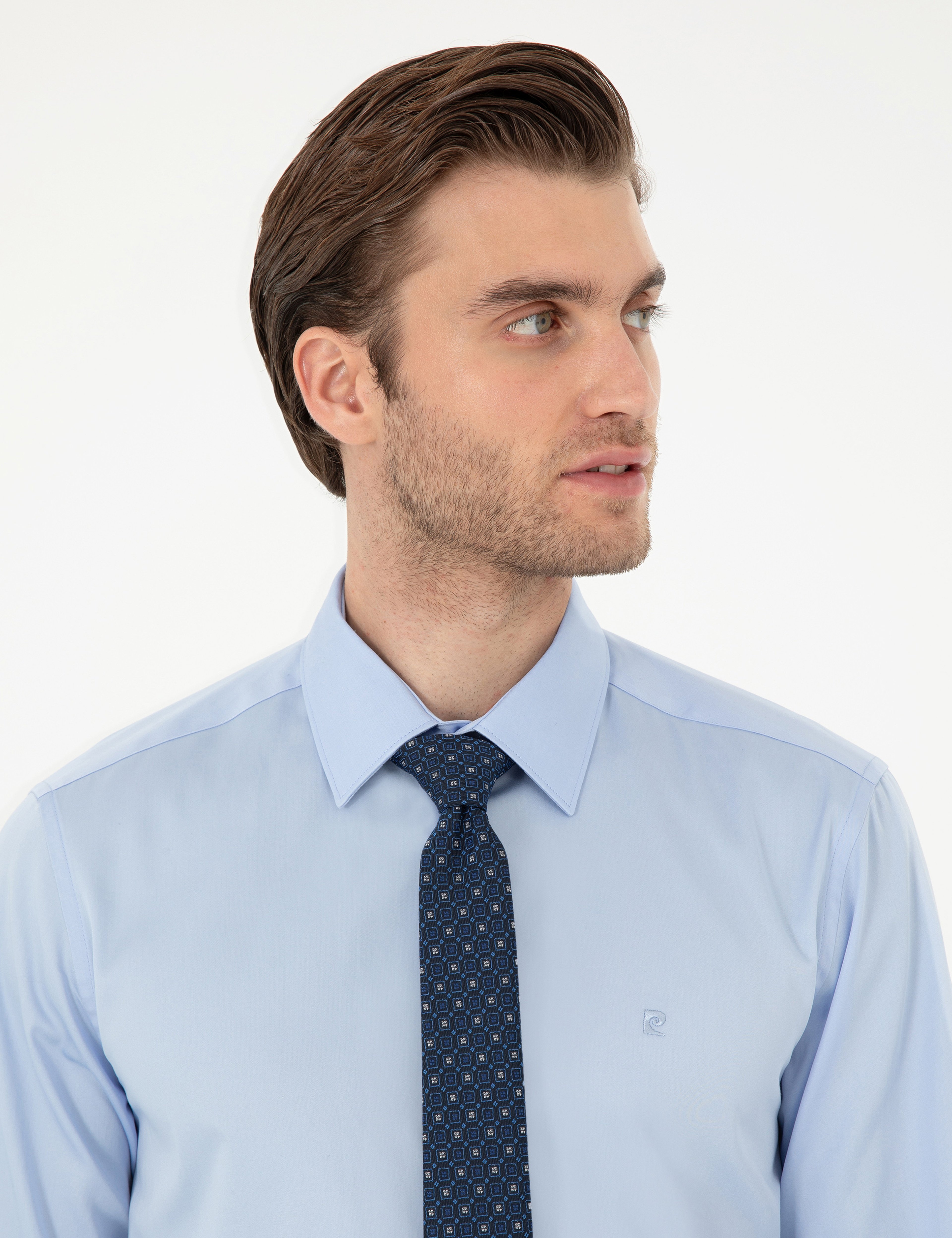 Koyu Mavi %100 Pamuk Parlak Saten Slim Fit Uzun Kollu Basic Gömlek - Image 2