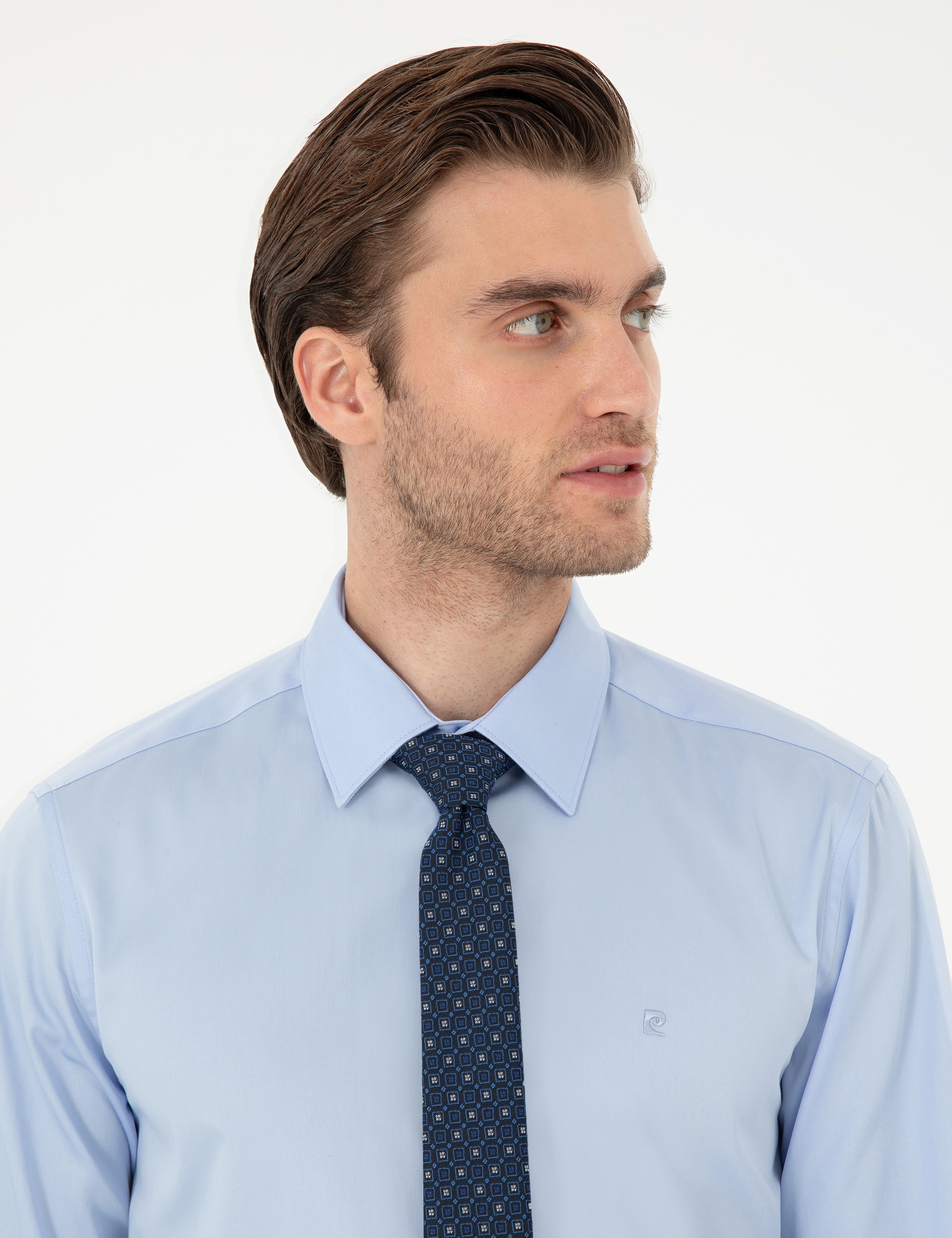 Koyu Mavi %100 Pamuk Parlak Saten Slim Fit Uzun Kollu Basic Gömlek