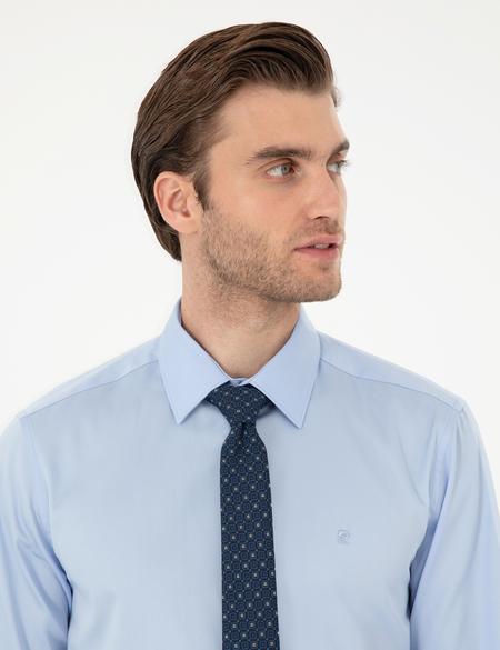 Koyu Mavi Parlak Saten Slim Fit Uzun Kollu Basic Gömlek - 50292520035