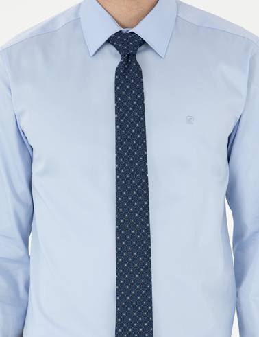 Koyu Mavi %100 Pamuk Parlak Saten Slim Fit Uzun Kollu Basic Gömlek