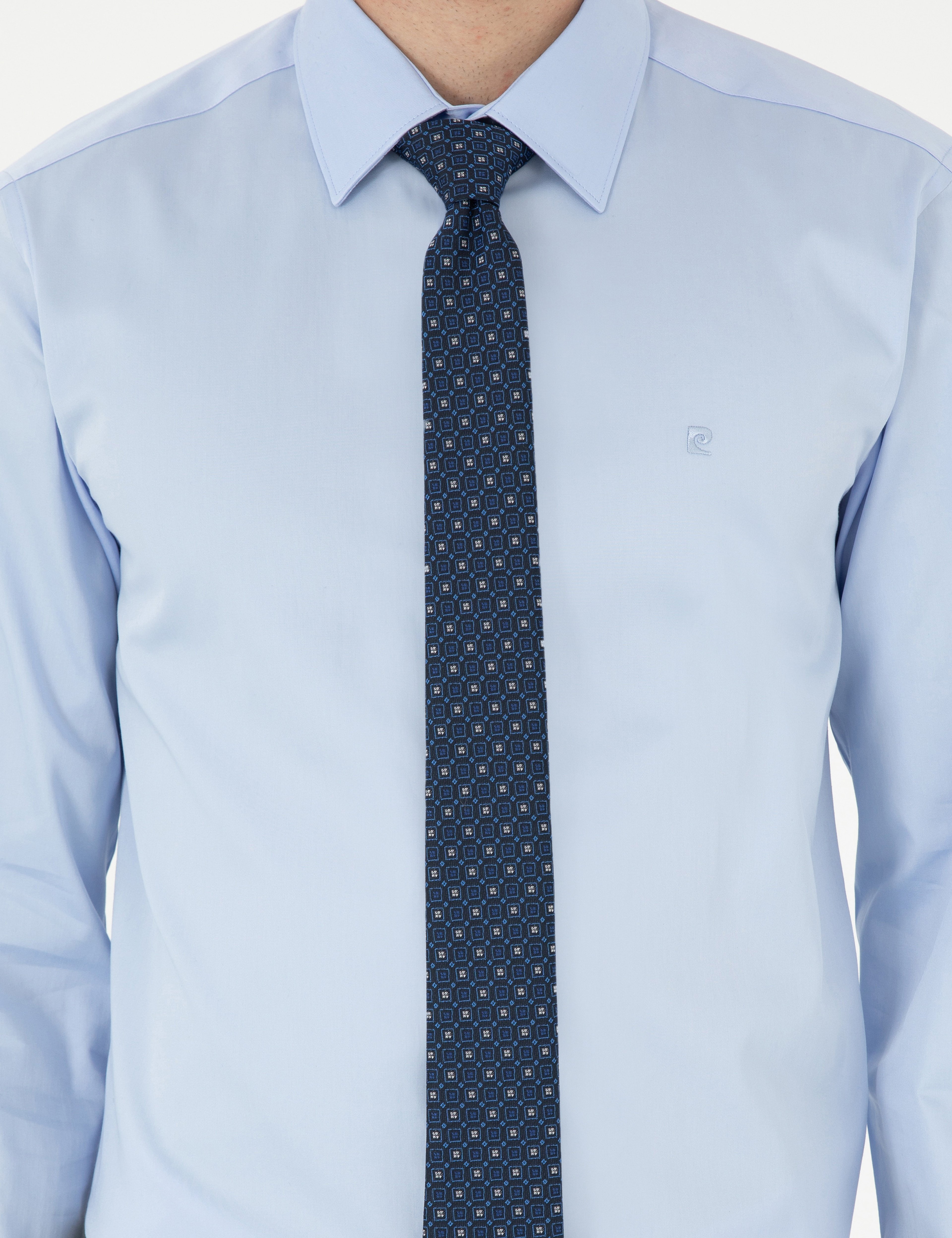 Koyu Mavi %100 Pamuk Parlak Saten Slim Fit Uzun Kollu Basic Gömlek