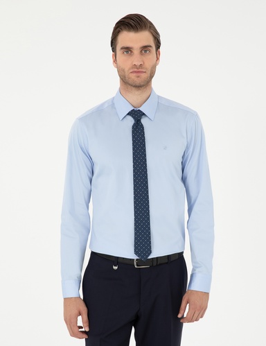 Koyu Mavi %100 Pamuk Parlak Saten Slim Fit Uzun Kollu Basic Gömlek