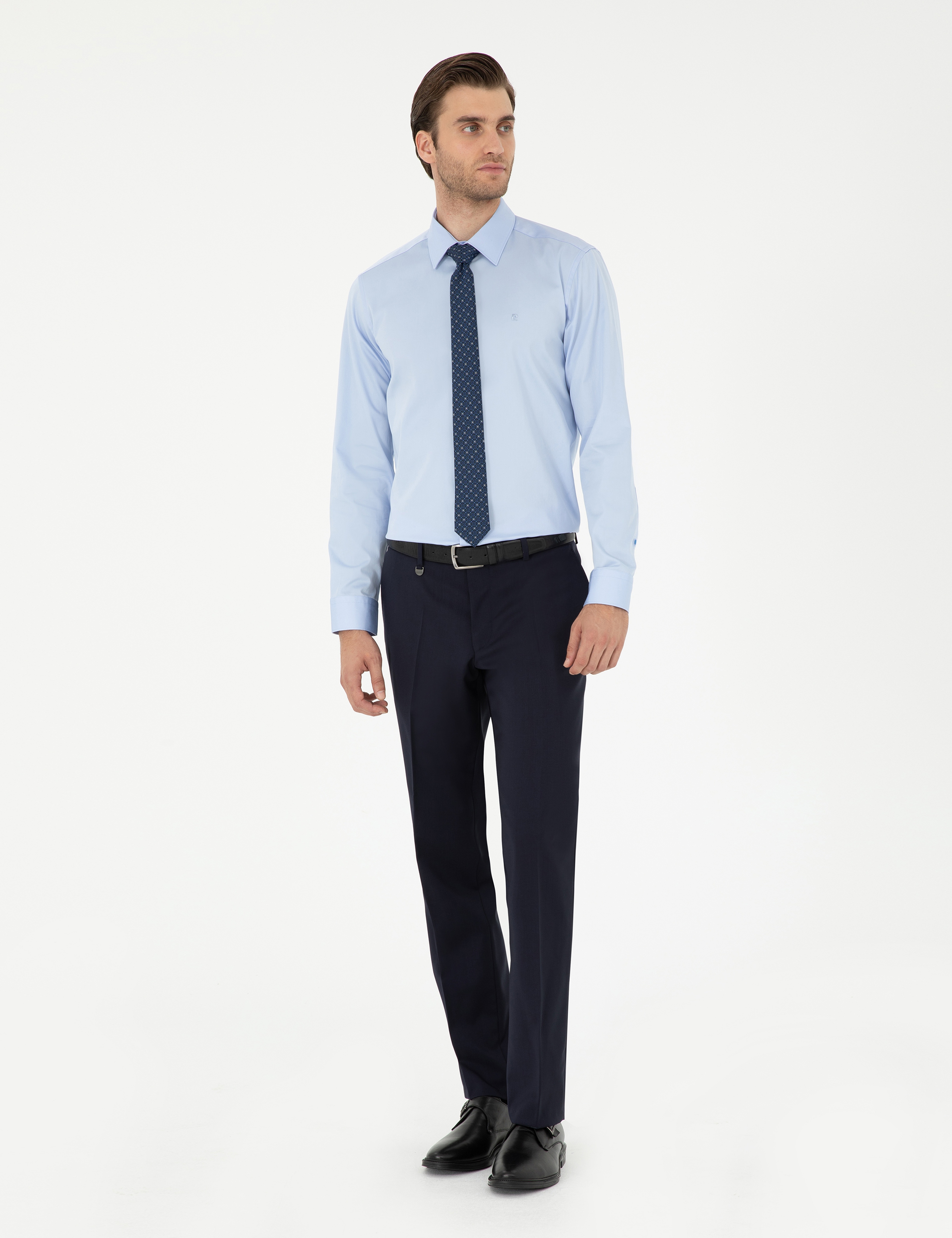 Koyu Mavi %100 Pamuk Parlak Saten Slim Fit Uzun Kollu Basic Gömlek