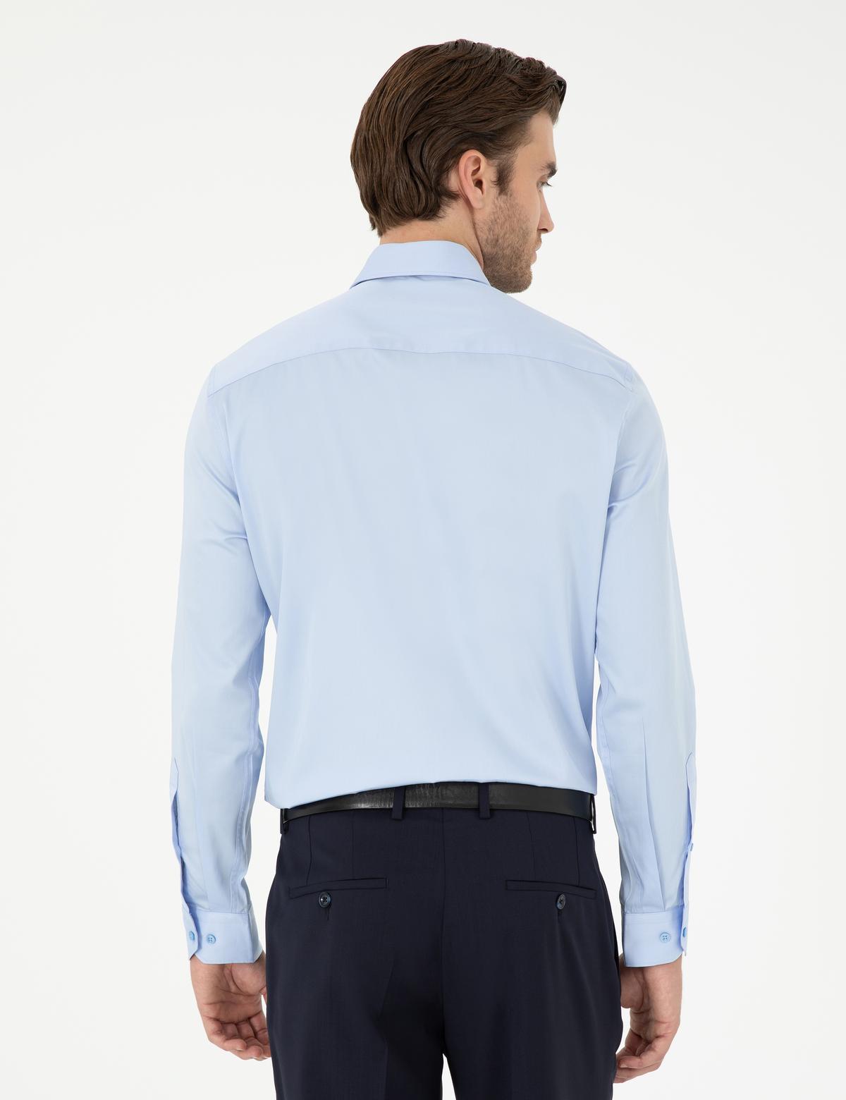 Koyu Mavi Parlak Saten Slim Fit Uzun Kollu Basic Gömlek - 50292520035