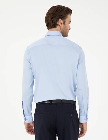 Koyu Mavi %100 Pamuk Parlak Saten Slim Fit Uzun Kollu Basic Gömlek