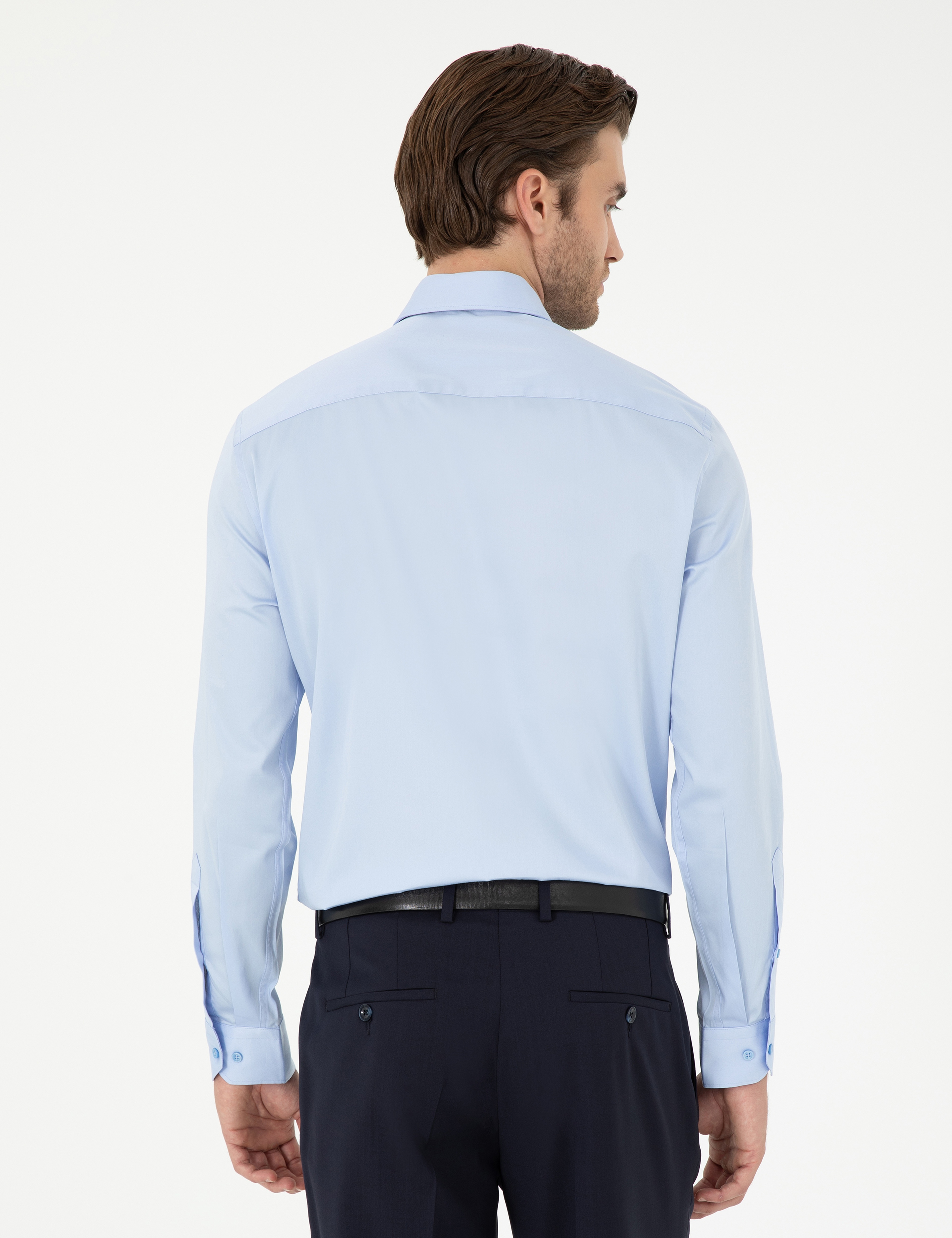 Koyu Mavi %100 Pamuk Parlak Saten Slim Fit Uzun Kollu Basic Gömlek - Image 5