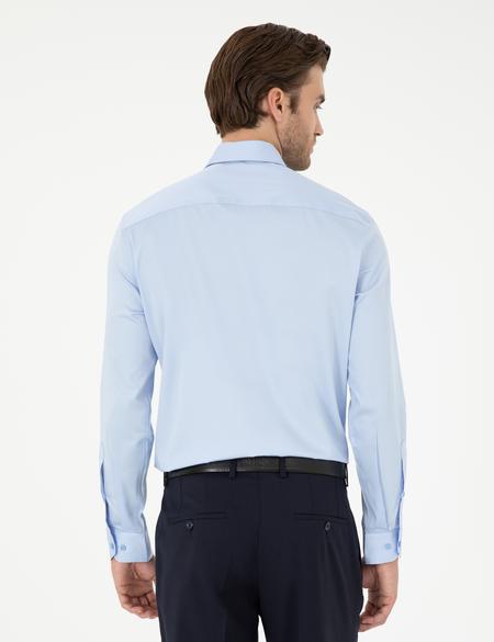 Koyu Mavi Parlak Saten Slim Fit Uzun Kollu Basic Gömlek - 50292520035