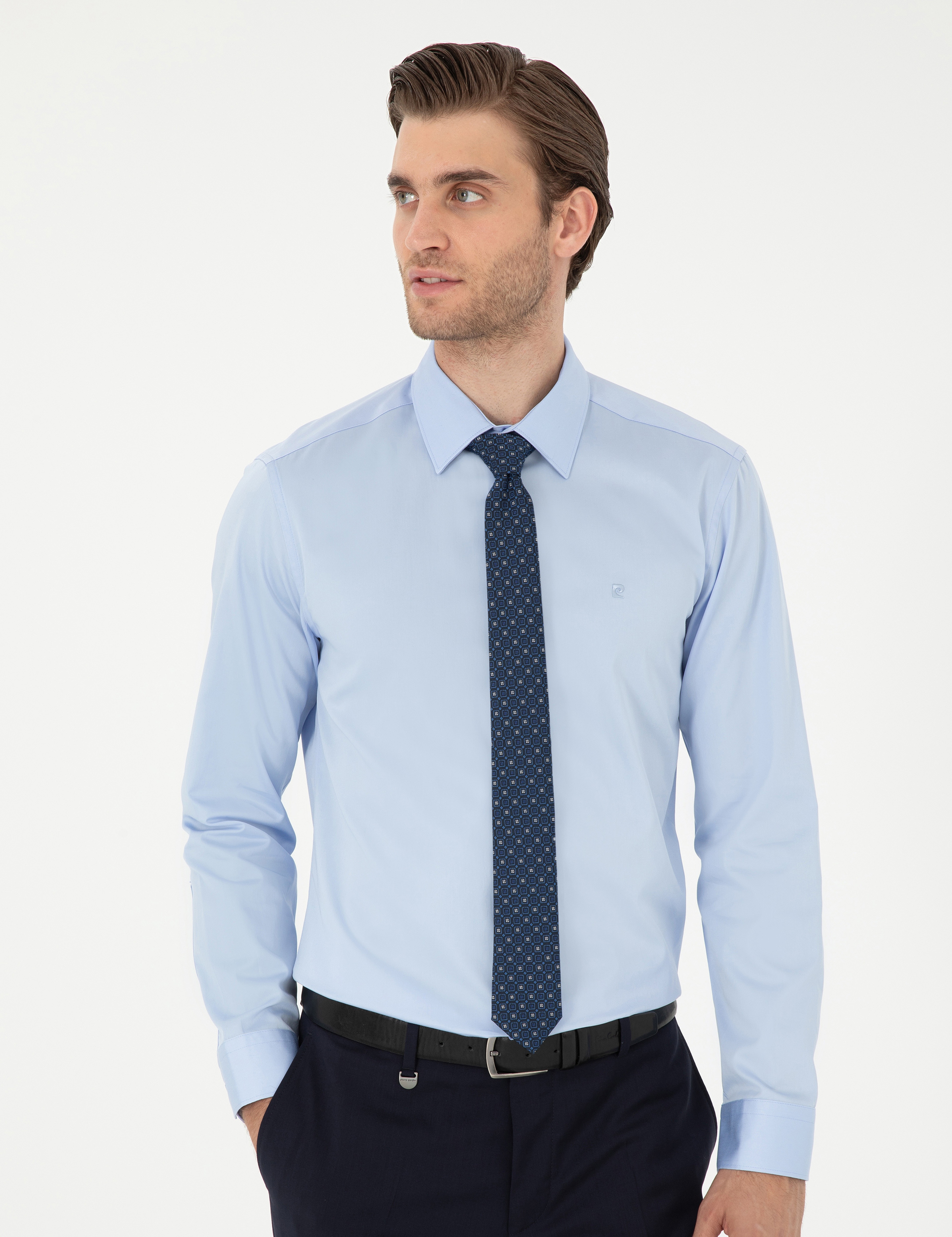 Koyu Mavi %100 Pamuk Parlak Saten Slim Fit Uzun Kollu Basic Gömlek - Image 3