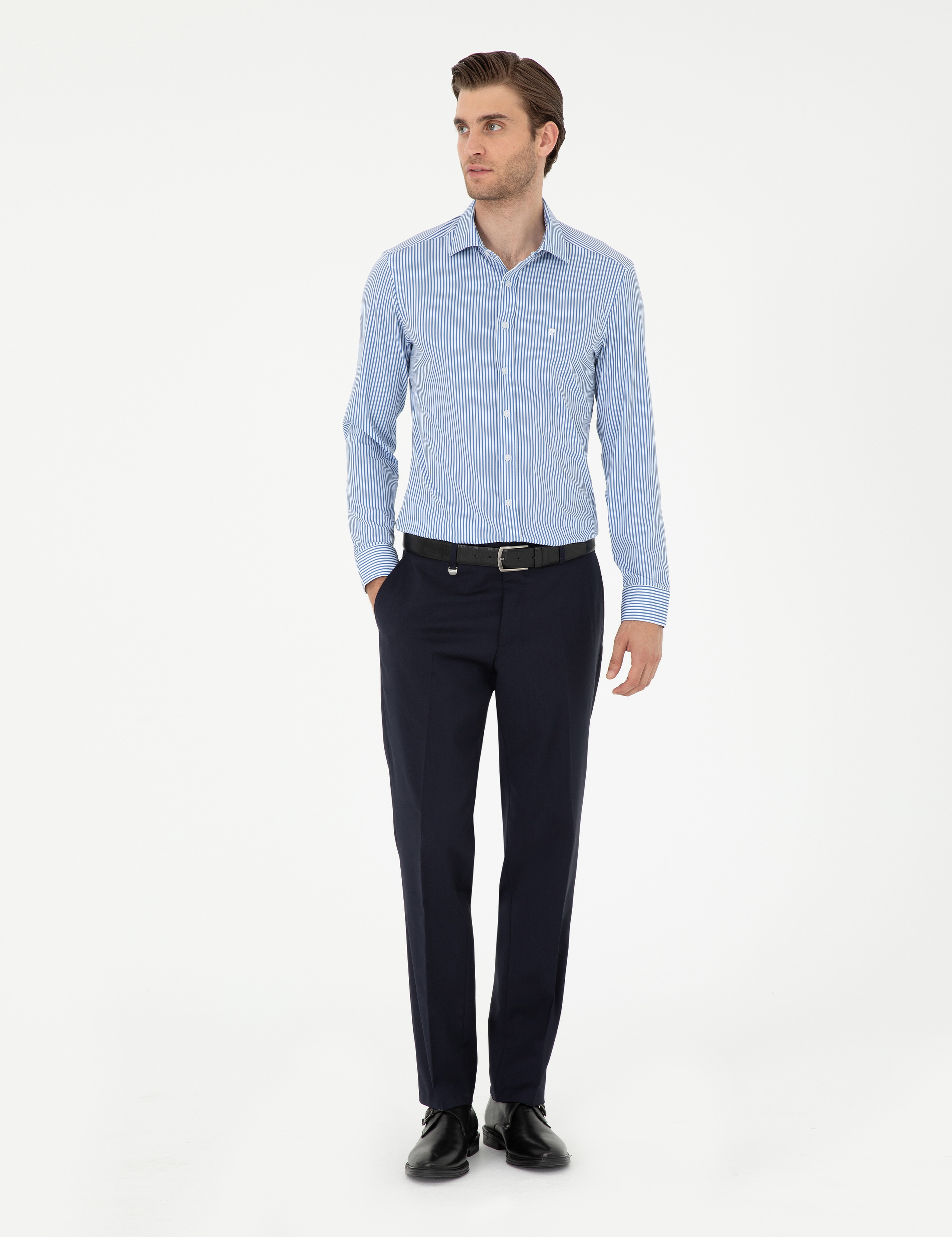 Mavi Likralı Ekstra Slim Fit Uzun Kollu Gömlek - Image 4